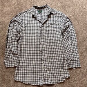 Men’s Navy, White, and Brown Plaid Button Down Shirt